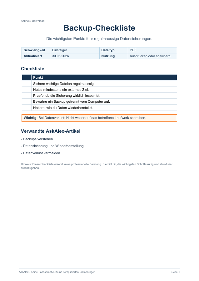 Vorschau: Backup-Checkliste