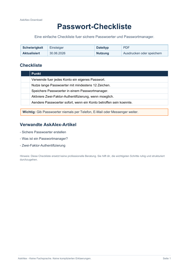 Vorschau: Passwort-Checkliste